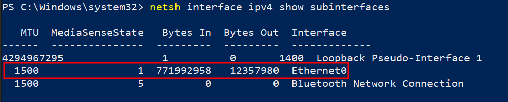PowerShell showing the interfaces
